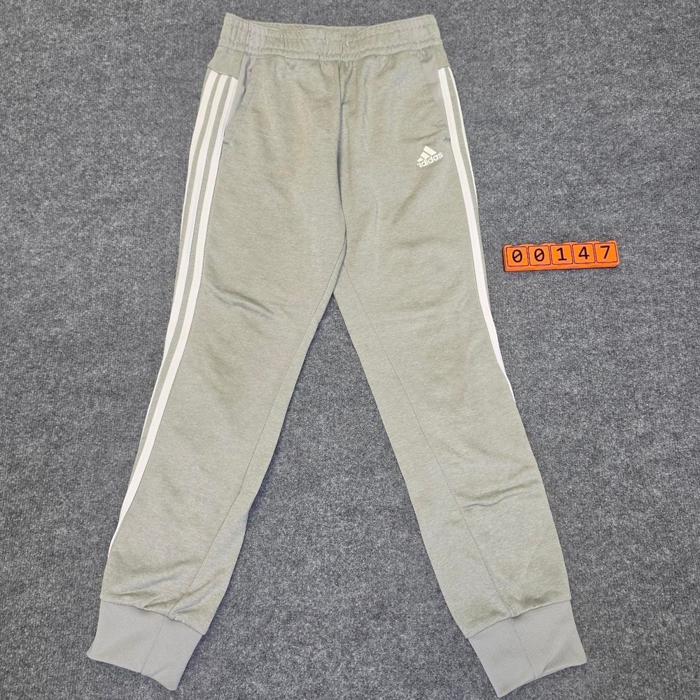 Adidas gray joggers with white stripes, size XS, no waistband string.